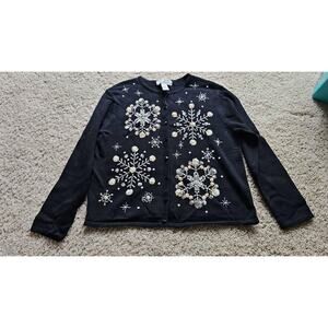 Vintage Snowflake Sequin Beaded Holiday Christmas Cardigan Sweater heirloom L